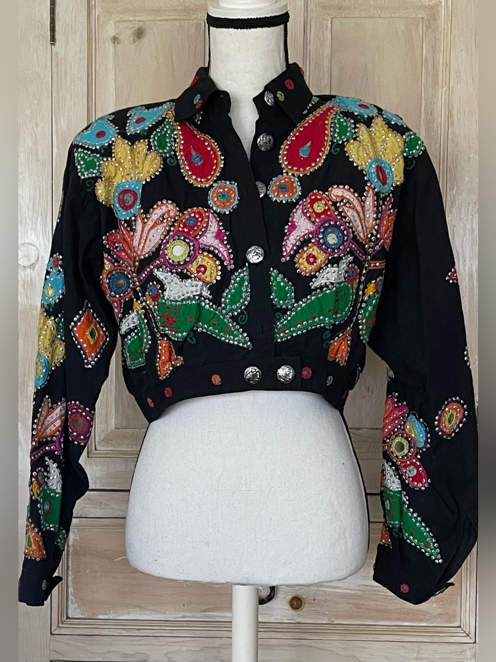 Vintage 80's 90's Other Destination Black Folk Art Crop Jacket Size-Small